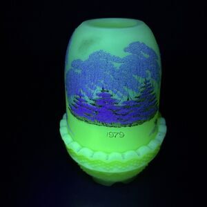 Fenton Fairy Lamp Vintage Custard Uranium Glass Hand-Painted Fritz Signed 1979